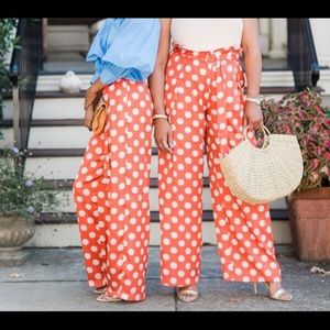 Zara Women’s Dark Russet Polkadot Pants paper bag waist wide leg trousers orange